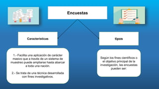 Encuestas
Características tipos
1.- Facilita una aplicación de carácter
masivo que a través de un sistema de
muestreo puede ampliarse hasta abarcar
a toda una nación.
2.- Se trata de una técnica desarrollada
con fines investigativos.
Según los fines científicos o
el objetivo principal de la
investigación, las encuestas
pueden ser:
 