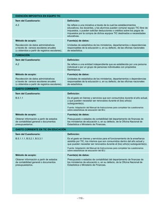 EXENCIÓN IMPOSITIVA EN EQUIPO TIC
Ítem del Cuestionario:                           Definición:
A.3                                              Se refiere a una iniciativa a través de la cual los establecimientos
                                                 educativos, los docentes, y los alumnos pueden comprar equipo TIC libre de
                                                 impuestos, o pueden solicitar deducciones o créditos sobre los pagos de
                                                 impuestos por la compra de dichos equipos TIC destinados a necesidades
                                                 educativas.
Método de acopio:                                Fuente(s) de datos:
Recolección de datos administrativos             Unidades de estadística de los ministerios, departamentos o dependencias
a través de censos escolares anuales             responsables de la educación o, en su defecto, de las oficinas nacionales
(u obtenidos a partir de registros escolares).   de estadística.
FUNDACIÓN
Ítem del Cuestionario:                           Definición:
A.2                                              Se refiere a una entidad independiente que es establecida por una persona
                                                 individual o por un grupo de personas individuales con propósitos
                                                 filantrópicos.
Método de acopio:                                Fuente(s) de datos:
Recolección de datos administrativos             Unidades de estadística de los ministerios, departamentos o dependencias
a través de censos escolares anuales             responsables de la educación o, en su defecto, de las oficinas nacionales
(u obtenidos a partir de registros escolares).   de estadística.
GASTO CORRIENTE
Ítem del Cuestionario:                           Definición:
B.5.1.1                                          Es el gasto en bienes y servicios que son consumidos durante el año actual,
                                                 y que pueden necesitar ser renovados durante el (los) año(s)
                                                 subsiguiente(s).
                                                 Fuente: Adaptación del Manual de Instrucciones para completar los cuestionarios
                                                 sobre estadísticas de educación del IEU.

Método de acopio:                                Fuente(s) de datos:
Obtener información a partir de estados          Presupuesto o estados de contabilidad del departamento de finanzas de
de contabilidad general o documentos             los ministerios de educación o, en su defecto, de la Oficina Nacional de
presupuestarios.                                 Estadística o Ministerio de Finanzas.

GASTO CORRIENTE EN TIC EN EDUCACIÓN
Ítem del Cuestionario:                           Definición:
B.5.1.1.1, B.5.2.1, B.5.3.1                      Es el gasto en bienes y servicios para el funcionamiento de la enseñanza
                                                 asistida por TIC, los mismos que son consumidos dentro del año actual y
                                                 que pueden necesitar ser renovados durante el (los) año(s) subsiguiente(s).
                                                 Fuente: Adaptación del Manual de Instrucciones para completar los cuestionarios
                                                 sobre estadísticas de educación del IEU.

Método de acopio:                                Fuente(s) de datos:
Obtener información a partir de estados          Presupuesto o estados de contabilidad del departamento de finanzas de
de contabilidad general o documentos             los ministerios de educación o, en su defecto, de la Oficina Nacional de
presupuestarios.                                 Estadística o Ministerio de Finanzas.




                                                          - 119 -
 