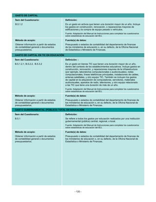 GASTO DE CAPITAL
Ítem del Cuestionario:                    Definición:
B.5.1.2                                   Es un gasto en activos que tienen una duración mayor de un año. Incluye
                                          los gastos en construcción, renovación, o reparaciones mayores de
                                          edificaciones y la compra de equipo pesado o vehículos.
                                          Fuente: Adaptación del Manual de Instrucciones para completar los cuestionarios
                                          sobre estadísticas de educación del IEU.

Método de acopio:                         Fuente(s) de datos:
Obtener información a partir de estados   Presupuesto o estados de contabilidad del departamento de finanzas
de contabilidad general o documentos      de los ministerios de educación o, en su defecto, de la Oficina Nacional
presupuestarios.                          de Estadística o Ministerio de Finanzas.

GASTO DE CAPITAL EN TIC EN EDUCACIÓN
Ítem del Cuestionario:                    Definición: :
B.5.1.2.1, B.5.2.2, B.5.3.2               Es un gasto en bienes TIC que tienen una duración mayor de un año,
                                          dentro del contexto de los establecimientos educativos. Incluye gastos en
                                          construcción, renovación, y reparaciones mayores de la infraestructura
                                          (por ejemplo, laboratorios computacionales o audiovisuales), redes
                                          computacionales, líneas telefónicas principales, instalaciones de cables,
                                          antenas satelitales, y otro equipo TIC. También se incluyen los gastos
                                          de capital en la adquisición de computadoras, servidores, materiales
                                          audiovisuales, aparatos de radio, televisores, y otro equipo relacionado
                                          a las TIC que tiene una duración de más de un año.
                                          Fuente: Adaptación del Manual de Instrucciones para completar los cuestionarios
                                          sobre estadísticas de educación del IEU.

Método de acopio:                         Fuente(s) de datos:
Obtener información a partir de estados   Presupuesto o estados de contabilidad del departamento de finanzas de
de contabilidad general o documentos      los ministerios de educación o, en su defecto, de la Oficina Nacional de
presupuestarios.                          Estadística o Ministerio de Finanzas.
GASTO GUBERNAMENTAL (PÚBLICO) TOTAL EN EDUCACIÓN
Ítem del Cuestionario:                    Definición:
B.5.1                                     Se refiere a todos los gastos por educación realizados por una institución
                                          gubernamental (pública) central, regional, o local.
                                          Fuente: Adaptación del Manual de Instrucciones para completar los cuestionarios
                                          sobre estadísticas de educación del IEU.

Método de acopio:                         Fuente(s) de datos:
Obtener información a partir de estados   Presupuesto o estados de contabilidad del departamento de finanzas de
de contabilidad general o documentos      los ministerios de educación o, en su defecto, de la Oficina Nacional de
presupuestarios.                          Estadística o Ministerio de Finanzas.




                                                   - 120 -
 