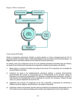 Figura 2. Marco conceptual


                Factores de la escuela                        Factores del sistema




                               Características de los docentes




                                            Prácticas
                                          pedagógicas
                                         asociadas con                               Resultados
                                          el uso de TIC                                  de
                                                                                     aprendizaje




                                         Características de
                                           los alumnos




Fuente: Estudio SITES 2006.

Desde la perspectiva operacional, también se podría plantear un marco conceptual para las TIC en
educación desde el enfoque clásico “políticas/estrategias-insumos-procesos-rendimiento/resultados”. La
Figura 3 ilustra la naturaleza práctica de las relaciones entre las área clave.

En síntesis, para que la integración de las TIC a los sistemas educativos nacionales logre ser efectiva,
se requerirá una combinación apropiada de las siguientes medidas operacionales y de política:

i)     Metas claras y un entorno de política que apoye el uso de las TIC en educación con el respaldo de
       las autoridades nacionales;

ii)    Incentivos y/o apoyo a los establecimientos educativos públicos y privados (financiamiento
       gubernamental que incluya un presupuesto para el mantenimiento de los servicios, rebaja de
       impuestos en la compra de equipamiento TIC destinado a establecimientos educativos, inversión o
       financiamiento de investigaciones sobre el desarrollo de recursos TIC (hardware, software) de bajo
       costo, etc.) para la adquisición de recursos TIC;

iii)   Adaptación del currículo a la integración de las TIC y desarrollo o adquisición de contenidos y
       software educativo digitales, estandarizados y de calidad comprobada;

iv)    Programas masivos de formación docente sobre la enseñanza de asignaturas relacionadas con las
       TIC o sobre el uso de estas tecnologías para enseñar otras asignaturas en forma más efectiva;



                                                                    - 23 -
 