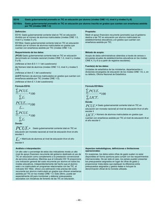 ED16                          Gasto gubernamental promedio en TIC en educación por alumno (niveles CINE 1-3, nivel 4 y niveles 5 y 6)
ED16bis                       Gasto gubernamental promedio en TIC en educación por alumno inscrito en grados que cuentan con enseñanza asistida
                              por TIC (niveles CINE 1-3)

 Definición:                                                                                 Propósito:
 ED16: Gasto gubernamental corriente total en TIC en educación                               Medir el apoyo financiero recurrente (promedio) que el gobierno
 dividido por el número de alumnos matriculados (niveles CINE 1-3,                           destina a las TIC en educación por alumno matriculado en
 nivel 4 y niveles 5 y 6).                                                                   establecimientos educativos y en grados que cuentan con
 ED16bis: Gasto gubernamental corriente total en TIC en educación                            enseñanza asistida por TIC.
 dividido por el número de alumnos matriculados en grados que
 cuentan con enseñanza asistida por TIC (niveles CINE 1-3).

 Requerimiento de los datos:                                                                 Método de acopio:
 (PCUI) Gasto gubernamental corriente total en TIC en educación                              Acopio de datos administrativos obtenidos a través de censos o
 denominado en moneda nacional (niveles CINE 1-3, nivel 4 y niveles                          encuestas anuales de establecimientos educativos en los niveles
 5 y 6).                                                                                     CINE 4, 5 y 6 (o a partir de registros escolares).
 (refiérase al ítem B.5.1.1.1 del cuestionario)
 (L) Número total de alumnos (niveles CINE 1-3, nivel 4 y niveles 5                          Fuente(s) de los datos:
 y 6).                                                                                       Unidades de estadística de los ministerios, departamentos o
 (refiérase al ítem E.1 del cuestionario)                                                    divisiones encargados de educación de los niveles CINE 1-6, o, en
                                                                                             su defecto, Oficina Nacional de Estadística.
 (LICT) Número de alumnos matriculados en grados que cuentan con
 enseñanza asistida por TIC (niveles CINE 1-3).
 (refiérase al ítem E.1.3 del cuestionario)

 Fórmula ED16:                                                                               Fórmula ED16bis:
  3                                                                                           3
                                  t                                                                         t
 ∑ PCUI
 h =1
                                  h                                                          ∑ PCUI            h

             3                        *100                                                   h =1
                                                                                               3                   *100
                          t                                                                                t
        ∑L  h =1
                          h                                                                  ∑ LICT        h
                                                                                              h =1
                              t
                                                                                             Donde:
 PCUI *100                    h= 4                                                                    t
                   t                                                                         PCUI     h
                                                                                                          = Gasto gubernamental corriente total en TIC en
   L               h =4
                                                                                             educación (en moneda nacional) al nivel de educación h en el año
  6
                                  t                                                          escolar t
 ∑ PCUI                           h                                                                    t
                                                                                                         = Número de alumnos matriculados en grados que
 h =5
             6                        *100                                                   LICT      h
                          t                                                                  cuentan con enseñanza asistida por TIC al nivel de educación h en
        ∑L  h =5
                          h
                                                                                             el año escolar t
 Donde:
                                  t
 PCUI                             h=    Gasto gubernamental corriente total en TIC en
 educación (en moneda nacional) al nivel de educación h en el año
 escolar t
        t
 L      h
             = Matrícula de alumnos al nivel de educación h en el año
 escolar t

 Análisis e interpretación:                                                                  Aspectos metodológicos, definiciones o limitaciones
 Un alto valor o porcentaje de estos dos indicadores revela un alto                          operacionales:
 nivel de apoyo financiero recurrente del gobierno destinado al uso de                       En ocasiones, los datos sobre cifras de gasto suelen no estar
 TIC en educación como complemento a la prestación convencional                              disponibles en forma oportuna para cumplir con los requerimientos
 de servicios educativos. Mientras que el indicador ED 16 proporciona                        internacionales. De ser este el caso, los países pueden presentar
 una indicación general del costo recurrente por alumno en todos los                         los presupuestos asignados en lugar de cifras de gasto y
 niveles educativos, independientemente del hecho que el alumno                              proporcionar meta-datos que expliquen la diferencia entre
 esté o no matriculado en programas relacionados con las TIC, el                             presupuestos asignados y gastos reales e incluyan la
 indicador ED 16bis ofrece una estimación más precisa del costo                              denominación oficial de la moneda utilizada.
 recurrente por alumno matriculado en grados que ofrecen enseñanza
 asistida por TIC en los niveles CINE 1-3. Este último, puede ser
 especialmente útil para monitorear y elaborar presupuestos
 asociados con iniciativas de fomento de las TIC en educación.




                                                                                    - 48 -
 