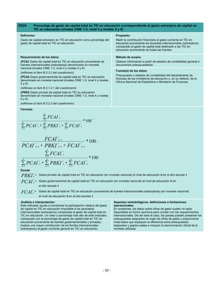 ED20          Porcentaje de gasto de capital total en TIC en educación correspondiente al gasto extranjero de capital en
              TIC en educación (niveles CINE 1-3, nivel 4 y niveles 5 y 6)
 Definición:                                                                                  Propósito:
 Gasto de capital extranjero en TIC en educación como porcentaje del                          Medir la contribución financiera al gasto corriente en TIC en
 gasto de capital total en TIC en educación.                                                  educación proveniente de donantes internacionales (extranjeros)
                                                                                              comparado al gasto de capital total destinado a las TIC en
                                                                                              educación proveniente de todas las fuentes.

 Requerimiento de los datos:                                                                  Método de acopio:
 (FCAI) Gasto de capital total en TIC en educación proveniente de                             Obtener información a partir de estados de contabilidad general o
 fuentes internacionales (extranjeras) denominado en moneda                                   documentos presupuestarios
 nacional (niveles CINE 1-3, nivel 4 y niveles 5 y 6)
                                                                                              Fuente(s) de los datos:
 (refiérase al ítem B.5.3.2 del cuestionario)
                                                                                              Presupuesto o estados de contabilidad del departamento de
 (PCAI) Gasto gubernamental de capital total en TIC en educación
                                                                                              finanzas de los ministerios de educación o, en su defecto, de la
 denominado en moneda nacional (niveles CINE 1-3, nivel 4 y niveles
                                                                                              Oficina Nacional de Estadística o Ministerio de Finanzas.
 5 y 6)
 (refiérase al ítem B.5.1.2.1 del cuestionario)
 (PRKI) Gasto privado de capital total en TIC en educación
 denominado en moneda nacional (niveles CINE 1-3, nivel 4 y niveles
 5 y 6)
 (refiérase al ítem B.5.2.2 del cuestionario)

 Fórmula:
                                3
                                               t
                              ∑ FCAI
                               h =1
                                               h                              ,
   3                            3                       3             * 100
                      t                        t                  t
 ∑ PCAI + ∑ PRKI + ∑ FCAI
  h =1
                      h
                               h =1
                                               h
                                                       h =1
                                                                  h




                                           t
                                FCAI       h=4
                                                                        * 100 ,
                  t                        t                      t
 PCAI             h=4         + PRKI       h=4     + FCAI         h=4
                                      6
                                                   t
                                 ∑ FCAI
                                    h =5
                                                   h

   6                                  6                       6             * 100
                     t    t                                             t
 ∑5 PCAI h + ∑5 PRKI h + ∑5 FCAI
 h=          h=          h=
                                                                        h


 Donde:
            t
 PRKI         h
                  = Gasto privado de capital total en TIC en educación (en moneda nacional) al nivel de educación h en el año escolar t
            t
 PCAI         h
                  = Gasto gubernamental de capital total en TIC en educación (en moneda nacional) al nivel de educación h en
                          el año escolar t
          t
 FCAI      h
                  = Gasto de capital total en TIC en educación proveniente de fuentes internacionales (extranjeras) (en moneda nacional)
                          al nivel de educación h en el año escolar t

  Análisis e interpretación:                                                                 Aspectos metodológicos, definiciones o limitaciones
 Este indicador ayuda a monitorear la participación relativa del gasto                       operacionales:
 de capital en TIC en educación imputable a los asociados                                    En ocasiones, los datos sobre cifras de gasto suelen no estar
 internacionales (extranjeros) comparada al gasto de capital total en                        disponibles en forma oportuna para cumplir con los requerimientos
 TIC en educación. Un valor o porcentaje más alto de este indicador,                         internacionales. De ser este el caso, los países pueden presentar los
 comparado con el porcentaje de gasto de capital total en TIC en                             presupuestos asignados en lugar de cifras de gasto y proporcionar
 educación proveniente de fuentes gubernamentales y privadas,                                meta-datos que expliquen la diferencia entre presupuestos
 implica una mayor contribución de los fondos internacionales                                asignados y gastos reales e incluyan la denominación oficial de la
 (extranjeros) al gasto corriente general en TIC en educación.                               moneda utilizada.




                                                                                    - 52 -
 
