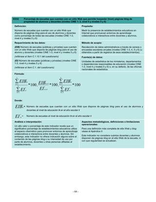 ED32              Porcentaje de escuelas que cuentan con un sitio Web que permite hospedar (host) páginas blog de
                  propiedad de alumnos y docentes (niveles CINE 1- 3, nivel 4 y niveles 5 y 6)
 Definición:                                                                      Propósito:
 Número de escuelas que cuentan con un sitio Web que                              Medir la presencia de establecimientos educativos en
 dispone de páginas blog para el uso de alumnos y docentes                        Internet que promuevan entornos de aprendizaje
 como porcentaje de todas las escuelas (niveles CINE 1-3,                         colaborativos e interactivos entre docentes y alumnos.
 nivel 4 y niveles 5 y 6)
 Requerimiento de los datos:                                                      Método de acopio:
 (EIB) Número de escuelas (públicas y privadas) que cuentan                       Recolección de datos administrativos a través de censos o
 con un sitio Web que dispone de páginas blog para el uso de                      encuestas escolares anuales (niveles CINE 1-3, 4, 5 y 6) (u
 alumno y docentes (niveles CINE 1-3, nivel 4 y niveles 5 y 6)                    obtenidos a partir de registros de esos establecimientos).
 (refiérase al ítem C.1.10.1 del cuestionario)                                    Fuente(s) de datos:
 (EI) Número de escuelas (públicas y privadas) (niveles CINE                      Unidades de estadística de los ministerios, departamentos
 1-3, nivel 4 y niveles 5 y 6)                                                    o dependencias responsables de educación (niveles CINE
 (refiérase al ítem C.1. del cuestionario)                                        1-3, nivel 4 y niveles 5 y 6) o, en su defecto, de las oficinas
                                                                                  nacionales de estadística.
 Fórmula:
   3                                                    6
                       t                                             t
 ∑ EIB                                   t             ∑ EIB
                           *100 , EIBh=4 *100 , h=56
                       h                                             h
  h =1
     3                               t
                                                                         *100
   ∑ EI
                   t
                   h
                                   EI   h=4             ∑ EI
                                                                t
                                                                 h
   h =1                                                 h =5



 Donde:
              t
 EIB          h=       Número de escuelas que cuentan con un sitio Web que dispone de páginas blog para el uso de alumnos y
                       docentes al nivel de educación h en el año escolar t
          t
 EI       h
              =        Número de escuelas al nivel de educación h en el año escolar t

 Análisis e interpretación:                                                       Aspectos metodológicos, definiciones o limitaciones
                                                                                  operacionales:
 Un alto valor o porcentaje de este indicador revela que un
 significativo porcentaje de establecimientos educativos utiliza                  Para una definición más completa de sitio Web y blog
 el espacio cibernético para promover entornos de aprendizaje                     véase el Apéndice II
 colaborativos e interactivos entre docentes y alumnos. Sin
 embargo, este indicador no ofrece indicación alguna sobre el                     Este indicador no considera cuántos docentes y alumnos
 contenido de las páginas blog o su intensidad de uso por                         disponen de páginas blog en el sitio Web de la escuela, ni
 parte de alumnos, docentes u otras personas afiliadas al                         con que regularidad se actualizan.
 establecimiento.




                                                                         - 64 -
 