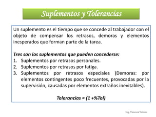 Ing. Vanessa Verano
Suplementos y Tolerancias
Un suplemento es el tiempo que se concede al trabajador con el
objeto de compensar los retrasos, demoras y elementos
inesperados que forman parte de la tarea.
Tres son los suplementos que pueden concederse:
1. Suplementos por retrasos personales.
2. Suplementos por retrasos por fatiga.
3. Suplementos por retrasos especiales (Demoras: por
elementos contingentes poco frecuentes, provocadas por la
supervisión, causadas por elementos extraños inevitables).
Tolerancias = (1 +%Tol)
 
