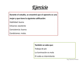 Ing. Vanessa Verano
Ejercicio
Durante el estudio, se encontró que el operario es una
mujer y que tiene la siguiente calificación:
Habilidad: buena
Esfuerzo: excelente
Consistencia: buena
Condiciones: malas
También se sabe que:
Trabaja de pie
La iluminación es mala
El ruido es intermitente
 