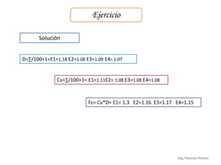 Ing. Vanessa Verano
Ejercicio
Solución
D=∑/100+1=E1=1.18 E2=1.08 E3=1.09 E4= 1.07
Cv=∑/100+1= E1=1.11E2= 1.08 E3=1.08 E4=1.08
Fc= Cv*D= E1= 1.3 E2=1.16 E3=1.17 E4=1.15
 