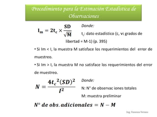 Ing. Vanessa Verano
Donde:
tc: dato estadístico (c, : grados de
libertad = M-1) (p. 395)
• Si Im < I, la muestra M satisface los requerimientos del error de
muestreo.
• Si Im > I, la muestra M no satisface los requerimientos del error
de muestreo.
Donde:
N: N° de observac iones totales
M: muestra preliminar
Procedimiento para la Estimación Estadística de
Observaciones
 