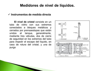 El nivel de cristal consiste en un
tubo de vidrio con sus extremos
conectados a bloques metálicos y
cerrados por prensaestopas que están
unidos al tanque, generalmente,
mediante tres válvulas, dos de cierre
de seguridad en los extremos del tubo
para impedir el escape del líquido, en
caso de rotura del cristal, y una de
purga
 Instrumentos de medida directa
 