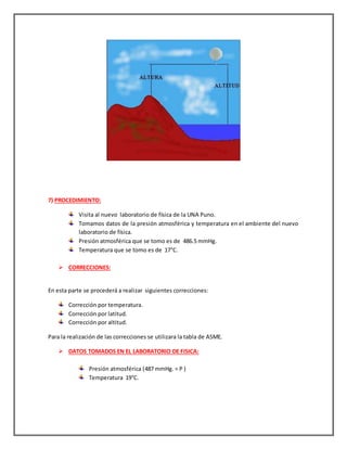 7) PROCEDIMIENTO:
Visita al nuevo laboratorio de física de la UNA Puno.
Tomamos datos de la presión atmosférica y temperatura en el ambiente del nuevo
laboratorio de física.
Presión atmosférica que se tomo es de 486.5 mmHg.
Temperatura que se tomo es de 17°C.
 CORRECCIONES:
En esta parte se procederá a realizar siguientes correcciones:
Corrección por temperatura.
Corrección por latitud.
Corrección por altitud.
Para la realización de las correcciones se utilizara la tabla de ASME.
 DATOS TOMADOS EN EL LABORATORIO DE FISICA:
Presión atmosférica (487 mmHg. = P )
Temperatura 19°C.
 