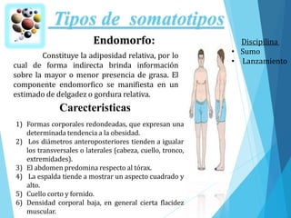 Tipos de somatotipos
Constituye la adiposidad relativa, por lo
cual de forma indirecta brinda información
sobre la mayor o menor presencia de grasa. El
componente endomorfico se manifiesta en un
estimado de delgadez o gordura relativa.
Endomorfo:
1) Formas corporales redondeadas, que expresan una
determinada tendencia a la obesidad.
2) Los diámetros anteroposteriores tienden a igualar
los transversales o laterales (cabeza, cuello, tronco,
extremidades).
3) El abdomen predomina respecto al tórax.
4) La espalda tiende a mostrar un aspecto cuadrado y
alto.
5) Cuello corto y fornido.
6) Densidad corporal baja, en general cierta flacidez
muscular.
Carecteristicas
Discipilina
• Sumo
• Lanzamiento
 