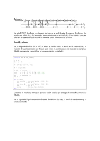 D D D D D D D D
S1
S2
Entrada
La señal PRBS detallada previamente se ingresa al codificador de manera de obtener las
señales de salida S1 y S2 las cuales son transmitidas en serie (S1S2). Esto implica que por
cada bit de entrada al codificador se obtienen 2 bits codificados a la salida.
Consideraciones
En la implementación en la FPGA, tanto al inicio como al final de la codificación, el
registro de desplazamiento es llenado con ceros. A continuación se muestra un script de
Matlab que permite ejemplificar la implementación (estúdielo).
function out = cod_conv(X)
L = 8;
SR = L - 1;
X = [X(:); zeros(L, 1)];
N = length(X);
state = zeros(L, 1);
con1 = [0 1 1 1 0 0 0 1]; % G0 = 561
con2 = [1 1 1 0 1 0 1 1]; % G1 = 753
out = zeros(N, 1);
cnt = 1;
for i = 1:N
out(cnt,1) = rem(con1*state + X(i), 2);
cnt = cnt + 1;
out(cnt, 1) = rem(con2*state + X(i), 2);
cnt = cnt + 1;
state = [X(i); state(1:SR)];
end
Compare el resultado entregado por este script con lo que entrega el comando convenc de
Matlab.
En la siguiente Figura se muestra la señal de entrada (PRBS), la señal de sincronismo y la
señal codificada.
 