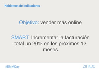 #SMMDay
Hablemos de indicadores

Objetivo: vender más online
SMART: Incrementar la facturación
total un 20% en los próximos 12
meses
 