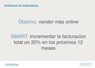 #SMMDay
Hablemos de indicadores

Objetivo: vender más online
SMART: Incrementar la facturación
total un 20% en los próximo...
