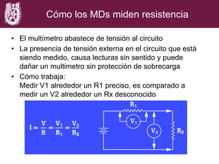 Cómo los MDs miden resistencia
•  El multímetro abastece de tensión al circuito
•  La presencia de tensión externa en el circuito que está
siendo medido, causa lecturas sin sentido y puede
dañar un multimetro sin protección de sobrecarga
•  Cómo trabaja:
Medir V1 alrededor un R1 preciso, es comparado a
medir un V2 alrededor un Rx desconocido
 