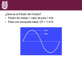 ¿Qué es el Factor de Cresta?
•  Factor de cresta = valor de pico / rms
•  Para una sinusoide ideal, CF = 1.414
 