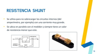 RESISTENCIA SHUNT
13
▸ Se utiliza para no sobrecargar los circuitos internos (del
amperímetro, por ejemplo) con una corriente muy grande.
▸ Se ubica en paralelo con el medidor y siempre tiene un valor
de resistencia menor que este.
 