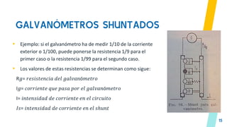 GALVANÓMETROS SHUNTADOS
15
▸ Ejemplo: si el galvanómetro ha de medir 1/10 de la corriente
exterior o 1/100, puede ponerse la resistencia 1/9 para el
primer caso o la resistencia 1/99 para el segundo caso.
▸ Los valores de estas resistencias se determinan como sigue:
R𝑔= 𝑟𝑒𝑠𝑖𝑠𝑡𝑒𝑛𝑐𝑖𝑎 𝑑𝑒𝑙 𝑔𝑎𝑙𝑣𝑎𝑛ó𝑚𝑒𝑡𝑟𝑜
I𝑔= 𝑐𝑜𝑟𝑟𝑖𝑒𝑛𝑡𝑒 𝑞𝑢𝑒 𝑝𝑎𝑠𝑎 𝑝𝑜𝑟 𝑒𝑙 𝑔𝑎𝑙𝑣𝑎𝑛ó𝑚𝑒𝑡𝑟𝑜
I= 𝑖𝑛𝑡𝑒𝑛𝑠𝑖𝑑𝑎𝑑 𝑑𝑒 𝑐𝑜𝑟𝑟𝑖𝑒𝑛𝑡𝑒 𝑒𝑛 𝑒𝑙 𝑐𝑖𝑟𝑐𝑢𝑖𝑡𝑜
𝐼𝑠= 𝑖𝑛𝑡𝑒𝑛𝑠𝑖𝑑𝑎𝑑 𝑑𝑒 𝑐𝑜𝑟𝑟𝑖𝑒𝑛𝑡𝑒 𝑒𝑛 𝑒𝑙 𝑠ℎ𝑢𝑛𝑡
 