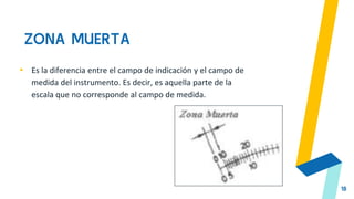 ZONA MUERTA
18
▸ Es la diferencia entre el campo de indicación y el campo de
medida del instrumento. Es decir, es aquella parte de la
escala que no corresponde al campo de medida.
 