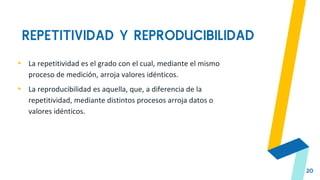 REPETITIVIDAD Y REPRODUCIBILIDAD
20
▸ La repetitividad es el grado con el cual, mediante el mismo
proceso de medición, arroja valores idénticos.
▸ La reproducibilidad es aquella, que, a diferencia de la
repetitividad, mediante distintos procesos arroja datos o
valores idénticos.
 