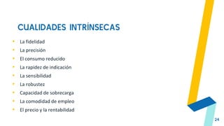 24
CUALIDADES INTRÍNSECAS
▸ La fidelidad
▸ La precisión
▸ El consumo reducido
▸ La rapidez de indicación
▸ La sensibilidad
▸ La robustez
▸ Capacidad de sobrecarga
▸ La comodidad de empleo
▸ El precio y la rentabilidad
 