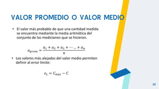 VALOR PROMEDIO O VALOR MEDIO
▸ El valor más probable de que una cantidad medida
se encuentra mediante la media aritmética del
conjunto de las mediciones que se hicieron.
𝑎𝑝𝑟𝑜𝑚 =
𝑎1 + 𝑎2 + 𝑎3 + ⋯ … + 𝑎𝑛
𝑛
▸ Los valores más alejados del valor medio permiten
definir al error límite:
𝑒𝐿 = 𝐶𝑚á𝑥 − 𝐶
35
 