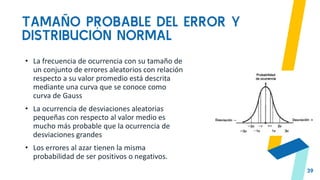 TAMAÑO PROBABLE DEL ERROR Y
DISTRIBUCIÓN NORMAL
39
• La frecuencia de ocurrencia con su tamaño de
un conjunto de errores aleatorios con relación
respecto a su valor promedio está descrita
mediante una curva que se conoce como
curva de Gauss
• La ocurrencia de desviaciones aleatorias
pequeñas con respecto al valor medio es
mucho más probable que la ocurrencia de
desviaciones grandes
• Los errores al azar tienen la misma
probabilidad de ser positivos o negativos.
 