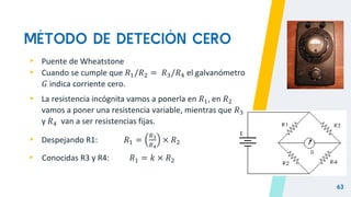 MÉTODO DE DETECIÓN CERO
63
▸ Puente de Wheatstone
▸ Cuando se cumple que 𝑅1/𝑅2 = 𝑅3/𝑅4 el galvanómetro
𝐺 indica corriente cero.
▸ La resistencia incógnita vamos a ponerla en 𝑅1, en 𝑅2
vamos a poner una resistencia variable, mientras que 𝑅3
y 𝑅4 van a ser resistencias fijas.
▸ Despejando R1: 𝑅1 =
𝑅3
𝑅4
× 𝑅2
▸ Conocidas R3 y R4: 𝑅1 = 𝑘 × 𝑅2
 