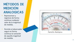 7
MÉTODOS DE
MEDICIÓN
ANALOGICAS
▸ Representan y
registran de forma
continua cualquier
valor de la magnitud
de medida.
▸ Permite al observador
seguir en forma
continua la variación
de aquella magnitud
de medida.
 