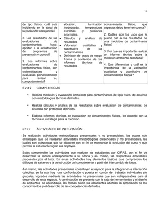 10




de tipo físico, cuál esta      vibración,         iluminación    contaminante     físico,    que
incidiendo en la salud de      inadecuada,      temperaturas     aspectos debo tener en cuenta?
la población trabajadora?      extremas      y      presiones
                               anormales.                        2. Cuáles son los usos que le
2. Los resultados de las ♦ Cálculos y análisis de                puedo dar a los resultados de
evaluaciones             de    resultados                        una medición de contaminante
contaminantes        físico, ♦ Valoración     cualitativa    y   físico?
aportan a la construcción      cuantitativa       de       los
de      programas        de    contaminantes                     3. Por que es importante realizar
prevención y control?        ♦ Definición de grado de riesgo     un informe técnico sobre la
                               Forma y contenido de los          medición ambiental realizada?
3. Los informes sobre          informes      técnicos       de
evaluaciones             de    resultados                        4. Que diferencias y cuál es la
contaminantes físico, son                                        importancia de la valoración
sistematizadas             y                                     cualitativa y cuantitativa de
evaluadas periódicamente                                         contaminantes físicos?
para       revisar        su
comportamiento?

6.2.3.2      COMPETENCIAS

         Realiza medición y evaluación ambiental para contaminantes de tipo físico, de acuerdo
          con metodologías técnicas definidas.

         Realiza cálculos y análisis de los resultados sobre evaluación de contaminantes, de
          acuerdo con protocolos definidos.

         Elabora informes técnicos de evaluación de contaminantes físicos, de acuerdo con la
          técnica o estrategia para la medición.


6.2.3.3      ACTIVIDADES DE INTEGRACIÓN

Se realizarán actividades metodológicas presenciales y no presenciales, las cuales son
estrategias que Se realizarán actividades metodológicas presenciales y no presenciales, las
cuales son estrategias que se elaboran con el fin de monitorear la evolución del curso y que
permite al estudiante lograr sus objetivos.

Estas comprenden las actividades que realizan los estudiantes por CIPAS, con el fin de
desarrollar la lectura correspondiente a la tutoría y así mismo, las respectivas actividades
propuestas por el tutor. En estas actividades hay elementos básicos que comprenden los
diálogos de saberes y la construcción del conocimiento a partir del intercambio de ideas.

Así mismo, las actividades presenciales constituyen el espacio para la integración e interacción
colectiva, en la cual hay una confrontación o puesta en común de trabajos individuales y/o
grupales, logrados mediante las actividades no presenciales que son indispensables para el
desarrollo de este espacio. A continuación se presenta con la caja de herramientas y el diseño
de ambientes de aprendizaje, las formas como los estudiantes abordan la apropiación de los
conocimientos y el desarrollo de las competencias definidas.
 
