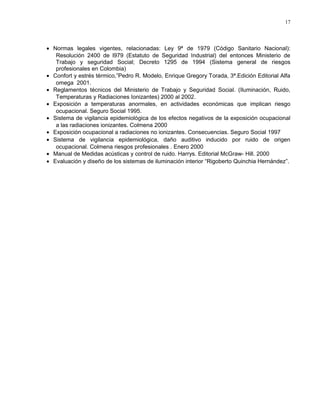 17




• Normas legales vigentes, relacionadas: Ley 9ª de 1979 (Código Sanitario Nacional):
   Resolución 2400 de l979 (Estatuto de Seguridad Industrial) del entonces Ministerio de
   Trabajo y seguridad Social; Decreto 1295 de 1994 (Sistema general de riesgos
   profesionales en Colombia)
• Confort y estrés térmico,”Pedro R. Modelo, Enrique Gregory Torada, 3ª.Edición Editorial Alfa
   omega 2001.
• Reglamentos técnicos del Ministerio de Trabajo y Seguridad Social. (Iluminación, Ruido,
   Temperaturas y Radiaciones Ionizantes) 2000 al 2002.
• Exposición a temperaturas anormales, en actividades económicas que implican riesgo
   ocupacional. Seguro Social 1995.
• Sistema de vigilancia epidemiológica de los efectos negativos de la exposición ocupacional
   a las radiaciones ionizantes. Colmena 2000
• Exposición ocupacional a radiaciones no ionizantes. Consecuencias. Seguro Social 1997
• Sistema de vigilancia epidemiológica, daño auditivo inducido por ruido de origen
   ocupacional. Colmena riesgos profesionales . Enero 2000
• Manual de Medidas acústicas y control de ruido. Harrys. Editorial McGraw- Hill. 2000
• Evaluación y diseño de los sistemas de iluminación interior “Rigoberto Quinchia Hernández”.
 