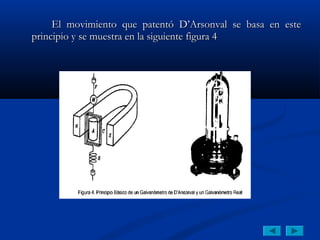 El movimiento que patentó D’Arsonval se basa en este
principio y se muestra en la siguiente figura 4
 