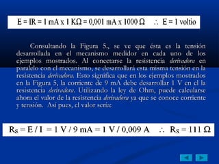 Consultando la Figura 5., se ve que ésta es la tensión
desarrollada en el mecanismo medidor en cada uno de los
ejemplos mostrados. Al conectarse la resistencia derivadora en
paralelo con el mecanismo, se desarrollará esta misma tensión en la
resistencia derivadora. Esto significa que en los ejemplos mostrados
en la Figura 5, la corriente de 9 mA debe desarrollar 1 V en el la
resistencia derivadora. Utilizando la ley de Ohm, puede calcularse
ahora el valor de la resistencia derivadora ya que se conoce corriente
y tensión. Así pues, el valor sería:
 