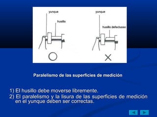 Paralelismo de las superficies de medición


1) El husillo debe moverse libremente.
2) El paralelismo y la lisura de las superficies de medición
   en el yunque deben ser correctas.
 