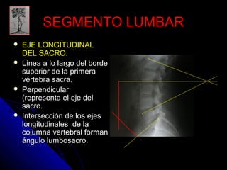 SSEEGGMMEENNTTOO LLUUMMBBAARR 
 EEJJEE LLOONNGGIITTUUDDIINNAALL 
DDEELL SSAACCRROO.. 
 LLíínneeaa aa lloo llaarrggoo ddeell bboorrddee 
ssuuppeerriioorr ddee llaa pprriimmeerraa 
vvéérrtteebbrraa ssaaccrraa.. 
 PPeerrppeennddiiccuullaarr 
((rreepprreesseennttaa eell eejjee ddeell 
ssaaccrroo.. 
 IInntteerrsseecccciióónn ddee llooss eejjeess 
lloonnggiittuuddiinnaalleess ddee llaa 
ccoolluummnnaa vveerrtteebbrraall ffoorrmmaann 
áánngguulloo lluummbboossaaccrroo.. 
 