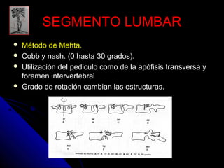 SSEEGGMMEENNTTOO LLUUMMBBAARR 
 MMééttooddoo ddee MMeehhttaa.. 
 Cobb y nash. (0 hasta 30 grados). 
 Utilización del pediculo como de la apófisis transversa y 
foramen intervertebral 
 Grado de rotación cambian las estructuras. 
 