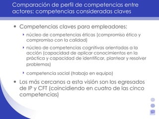 Comparación de perfil de competencias entre actores: competencias consideradas claves Competencias claves para empleadores: núcleo de competencias éticas (compromiso ético y compromiso con la calidad) núcleo de competencias cognitivas orientadas a la acción (capacidad de aplicar conocimientos en la práctica y capacidad de identificar, plantear y resolver problemas)   competencia social (trabajo en equipo)   Los más cercanos a esta visión son los egresados de IP y CFT (coincidiendo en cuatro de las cinco competencias) 