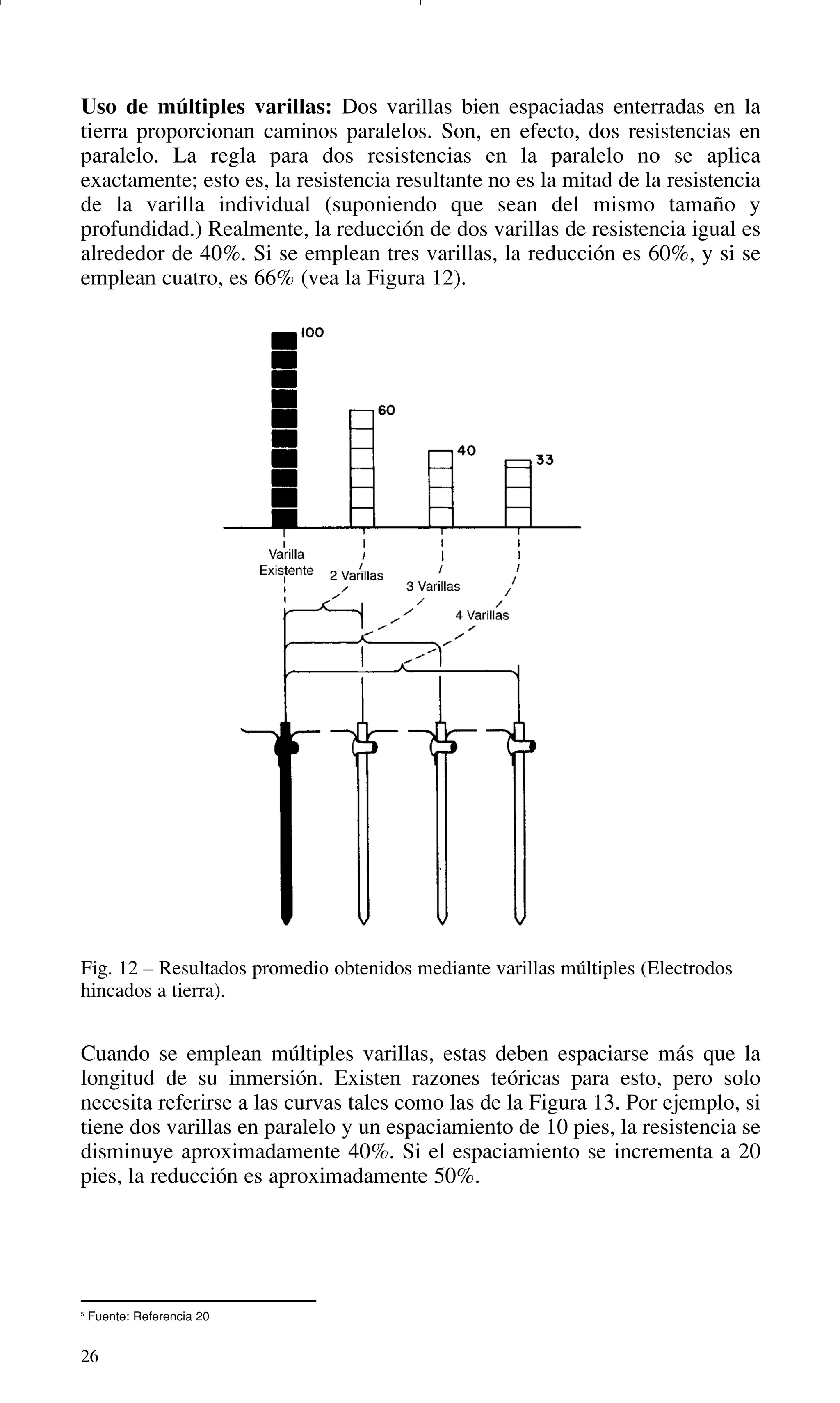 26
5
Fuente: Referencia 20
Uso de múltiples varillas: Dos varillas bien espaciadas enterradas en la
tierra proporcionan caminos paralelos. Son, en efecto, dos resistencias en
paralelo. La regla para dos resistencias en la paralelo no se aplica
exactamente; esto es, la resistencia resultante no es la mitad de la resistencia
de la varilla individual (suponiendo que sean del mismo tamaño y
profundidad.) Realmente, la reducción de dos varillas de resistencia igual es
alrededor de 40%. Si se emplean tres varillas, la reducción es 60%, y si se
emplean cuatro, es 66% (vea la Figura 12).
Cuando se emplean múltiples varillas, estas deben espaciarse más que la
longitud de su inmersión. Existen razones teóricas para esto, pero solo
necesita referirse a las curvas tales como las de la Figura 13. Por ejemplo, si
tiene dos varillas en paralelo y un espaciamiento de 10 pies, la resistencia se
disminuye aproximadamente 40%. Si el espaciamiento se incrementa a 20
pies, la reducción es aproximadamente 50%.
Fig. 12 – Resultados promedio obtenidos mediante varillas múltiples (Electrodos
hincados a tierra).
GDTE_spanish 8/30/01 8:57 AM Page 26
 