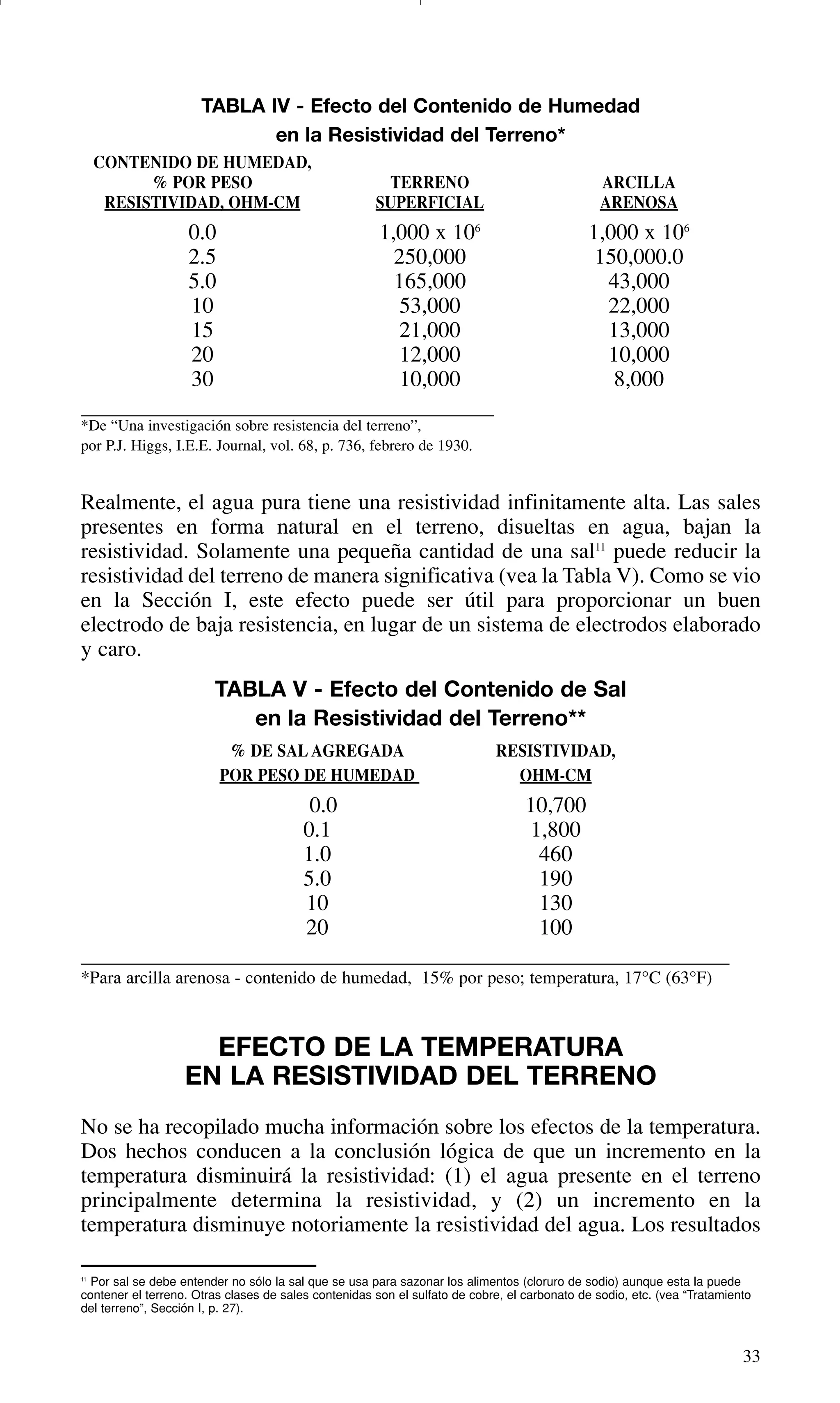 33
TABLA IV - Efecto del Contenido de Humedad
en la Resistividad del Terreno*
CONTENIDO DE HUMEDAD,
% POR PESO TERRENO ARCILLA
RESISTIVIDAD, OHM-CM SUPERFICIAL ARENOSA
0.0 1,000 x 106
1,000 x 106
2.5 250,000 150,000.0
5.0 165,000 43,000
10 53,000 22,000
15 21,000 13,000
20 12,000 10,000
30 10,000 8,000
*De “Una investigación sobre resistencia del terreno”,
por P.J. Higgs, I.E.E. Journal, vol. 68, p. 736, febrero de 1930.
Realmente, el agua pura tiene una resistividad infinitamente alta. Las sales
presentes en forma natural en el terreno, disueltas en agua, bajan la
resistividad. Solamente una pequeña cantidad de una sal11
puede reducir la
resistividad del terreno de manera significativa (vea la Tabla V). Como se vio
en la Sección I, este efecto puede ser útil para proporcionar un buen
electrodo de baja resistencia, en lugar de un sistema de electrodos elaborado
y caro.
TABLA V - Efecto del Contenido de Sal
en la Resistividad del Terreno**
% DE SALAGREGADA RESISTIVIDAD,
POR PESO DE HUMEDAD OHM-CM
0.0 10,700
0.1 1,800
1.0 460
5.0 190
10 130
20 100
*Para arcilla arenosa - contenido de humedad, 15% por peso; temperatura, 17°C (63°F)
EFECTO DE LA TEMPERATURA
EN LA RESISTIVIDAD DEL TERRENO
No se ha recopilado mucha información sobre los efectos de la temperatura.
Dos hechos conducen a la conclusión lógica de que un incremento en la
temperatura disminuirá la resistividad: (1) el agua presente en el terreno
principalmente determina la resistividad, y (2) un incremento en la
temperatura disminuye notoriamente la resistividad del agua. Los resultados
11
Por sal se debe entender no sólo la sal que se usa para sazonar los alimentos (cloruro de sodio) aunque esta la puede
contener el terreno. Otras clases de sales contenidas son el sulfato de cobre, el carbonato de sodio, etc. (vea “Tratamiento
del terreno”, Sección I, p. 27).
GDTE_spanish 8/30/01 8:57 AM Page 33
 