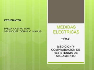 MEDIDAS
ELECTRICAS
TEMA:
MEDICION Y
COMPROBACION DE
RESISTENCIA DE
AISLAMIENTO
ESTUDIANTES:
PALMA CASTRO IVAN
VELASQUEZ CORNEJO MANUEL
 
