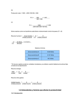 (b)
Producción neta = 1000 – (200+100+50) = 650
P.f.t = 650 = 1.083
300 + 300
(c)
P.t = 1000 = 1.052
(300+200+300+100+50)
Ahora veamos como se transforma cada factor al denominador común de pesos (P→ $)
Recurso humano = horas hombre x $ = $ .
Unidad producto h.h unidad producto
$ = 40.3$/día = 5.03 $/h.h
h.h 8hrs/día
Salarios mínimos
Zona económica A 43.65 $/día
Zona económica B 41.81 $/día
Zona económica C 40.3 $/día
* El recurso capital ya está en unidades monetarias y se obtiene cuando hablamos de activos fijos
a través de la depreciación.
Recurso energía:
Kwh x $ .= $ .
unidad Kwh unidad
Recurso otros gastos:
Unidad insumo * $ = $ .
Unidad producto unidad insumo unidad producto
1.2 Antecedentes y factores que afectan la productividad
1.2.1 Introducción:
 