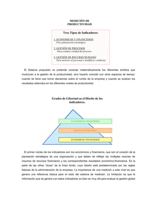 El Sistema propuesto no pretende conectar matemáticamente los diferentes ámbitos que
involucran a la gestión de la productividad, sino hacerlo coincidir con otros espacios de tiempo:
cuando se tiene que tomar decisiones sobre el rumbo de la empresa y cuando se evalúan los
resultados obtenidos en los diferentes niveles de productividad.
El primer núcleo de los indicadores son los económicos y financieros, que son el corazón de la
planeación estratégica de una organización y que deben de reflejar las múltiples rezones de
insumos de recursos financieros y los correspondientes resultados económico-financieros. Es la
parte de las cifras “duras” de la línea fondo, cuyo diseño está predeterminado por las reglas
básicas de la administración de la empresa. La importancia de una medición a este nivel es que
genera una referencia básica para el resto del sistema de medición. La limitación es que la
información que se genera con estos indicadores so bien es muy útil para evaluar la gestión global
Tres Tipos de Indicadores:
1. ECONOMICOS Y FINANCIEROS
Para planeación estratégica
2. GESTIÓN DE PROCESOS
Para evaluar calidad del proceso
3. GESTIÓN DE RECURSO HUMANO
Para motivar al personal y modificar conductas
MEDICIÓN DE
PRODUCTIVIDAD
ECONOMICOS -FINANCIEROS
GESTION DE PROCESOS
ECONOMICOS -FINANCIEROS
Grados de Libertad en el Diseño de los
indicadores.
 