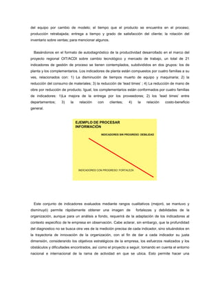 del equipo por cambio de modelo; el tiempo que el producto se encuentra en el proceso;
producción retrabajada; entrega a tiempo y grado de satisfacción del cliente; la rotación del
inventario sobre ventas; para mencionar algunos.
Basándonos en el formato de autodiagnóstico de la productividad desarrollado en el marco del
proyecto regional OIT/ACDI sobre cambio tecnológico y mercado de trabajo, un total de 21
indicadores de gestión de proceso se tienen contemplados, subdivididos en dos grupos: los de
planta y los complementarios. Los indicadores de planta están compuestos por cuatro familias a su
ves, relacionados con: 1) La disminución de tiempos muerto de equipo y maquinaria; 2) la
reducción del consumo de materiales; 3) la reducción de ‘lead times’ ; 4) La reducción de mano de
obre por reducción de producto. Igual, los complementarios están conformados por cuatro familias
de indicadores: 1)La mejora de la entrega por los proveedores; 2) los ‘lead times’ entre
departamentos; 3) la relación con clientes; 4) la relación costo-beneficio
general.
Este conjunto de indicadores evaluados mediante rangos cualitativos (mejoró, se mantuvo y
disminuyó) permite rápidamente obtener una imagen de fortalezas y debilidades de la
organización, aunque para un análisis a fondo, requerirá de la adaptación de los indicadores al
contexto especifico de le empresa en observación. Cabe aclarar, sin embargo, que la profundidad
del diagnostico no se busca otra ves de la medición precisa de cada indicador, sino situándolos en
la trayectoria de innovación de la organización, con el fin de dar a cada indicador su justa
dimensión, considerando los objetivos estratégicos de la empresa, los esfuerzos realizados y los
obstáculos y dificultades encontrados, así como el proyecto a seguir, tomando en cuenta el entorno
nacional e internacional de la rama de actividad en que se ubica. Esto permite hacer una
EJEMPLO DE PROCESAR
INFORMACIÓN
INDICADORES SIN PROGRESO: DEBILIDAD
INDICADORES CON PROGRESO: FORTALEZA
 