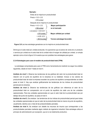 Ejemplo:
Antes de la mejoría en productividad
Precio = 5.0 + 2.0
= $7/unidad
Después de la mejoría en productividad
Precio = 4.0 + 2.0 Mayor participación
= $6/unidad en el mercado
o el precio = 4.0+3.01
= $7/unidad Mayor utilidad por unidad
= 4.05 +2.5
= $6.5/unidad Tercera estrategia favorable
Figura 3.8 Las tres estrategia ganadoras con la mejoría en productividad total.
Diminuye el costo total por unidad producida. Si suponemos que el precio de venta de un producto
o servicio por unidad es el costo total de la unidad más el margen de utilidad por unidad, un simple
ejemplo como el de la figura 3.8 muestra que son posibles tres estrategias para ganar.
2.3.4 Estrategias para usar el modelo de productividad total (TPM)
La estrategia comprobada para usar el TPM como herramienta de medición es seguir los análisis
siguientes, desde el nivel 1 hasta el nivel 4.
Análisis de nivel 1. Observe las tendencias de las graficas del valor de la productividad total en
relación con el punto de equilibrio de la empresa en su totalidad. Incluso si los valores de
productividad total de toda la empresa exceden los puntos de equilibrio correspondientes se debe
pasar al nivel 2. Hay que analizar gráficamente las tendencias de los índices de productividad
parcial para la empresa.
Análisis de nivel 2. Observe las tendencias de las gráficas con referencia al valor de la
productividad total en comparación con el punto de equilibrio de cada una de las unidades
operacionales. Para las unidades operacionales en que el valor total de la productividad cae por
debajo del punto de equilibrio, se pasa al nivel 3.
Análisis de nivel 3. Se analizan las tendencias de los índices de productividad parcial para todas
las unidades operacionales en que el valor de la productividad total en menor el punto de equilibrio,
usualmente, declina una o más de las productividades parciales.
Análisis de nivel 4. Se analizan con detalle los recursos de insumo que corresponden a las
productividades parciales mediante algún método de ingeniería industrial. Esta estrategia utiliza el
principio de administración por excepción, que en si es totalmente productivo.
 