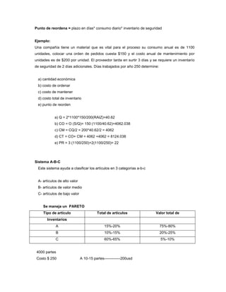Punto de reordena = plazo en días* consumo diario* inventario de seguridad
Ejemplo:
Una compañía tiene un material que es vital para el proceso su consumo anual es de 1100
unidades, colocar una orden de pedidos cuesta $150 y el costo anual de mantenimiento por
unidades es de $200 por unidad. El proveedor tarda en surtir 3 días y se requiere un inventarío
de seguridad de 2 días adicionales. Días trabajados por año 250 determine:
a) cantidad económica
b) costo de ordenar
c) costo de mantener
d) costo total de inventario
e) punto de reorden
a) Q = 2*1100*150/200(RAIZ)=40.62
b) CO = O (S/Q)= 150 (1100/40.62)=4062.038
c) CM = CQ/2 = 200*40.62/2 = 4062
d) CT = CO+ CM = 4062 +4062 = 8124.038
e) PR = 3 (1100/250)+2(1100/250)= 22
Sistema A-B-C
Este sistema ayuda a clasificar los artículos en 3 categorías a-b-c
A- artículos de alto valor
B- artículos de valor medio
C- artículos de bajo valor
Se maneja un PARETO
Tipo de artículo Total de artículos Valor total de
Inventarios
A 15%-20% 75%-80%
B 10%-15% 20%-25%
C 60%-65% 5%-10%
4000 partes
Costo $ 250 A 10-15 partes-------------200usd
 