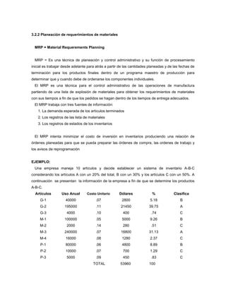 3.2.2 Planeación de requerimientos de materiales
MRP = Material Requerements Planning
MRP = Es una técnica de planeación y control administrativo y su función de procesamiento
inicial es trabajar desde adelante para atrás a partir de las cantidades planeadas y de las fechas de
terminación para los productos finales dentro de un programa maestro de producción para
determinar que y cuando debe de ordenarse los componentes individuales.
El MRP es una técnica para el control administrativo de las operaciones de manufactura
partiendo de una lista de explosión de materiales para obtener los requerimientos de materiales
con sus tiempos a fin de que los pedidos se hagan dentro de los tiempos de entrega adecuados.
El MRP trabaja con tres fuentes de información:
1. La demanda esperada de los artículos terminados
2. Los registros de las lista de materiales
3. Los registros de estados de los inventarios
El MRP intenta minimizar el costo de inversión en inventarios produciendo una relación de
órdenes planeadas para que se pueda preparar las órdenes de compra, las ordenes de trabajo y
los avisos de reprogramación
EJEMPLO:
Una empresa maneja 10 artículos y decide establecer un sistema de inventario A-B-C
considerando los artículos A con un 20% del total, B con un 30% y los artículos C con un 50%. A
continuación se presentan la información de la empresa a fin de que se determine los productos
A-B-C.
Artículos Uso Anual Costo Unitario Dólares % Clasifica
G-1 40000 .07 2800 5.18 B
G-2 195000 .11 21450 39.75 A
G-3 4000 .10 400 .74 C
M-1 100000 .05 5000 9.26 B
M-2 2000 .14 280 .51 C
M-3 240000 .07 16800 31.13 A
M-4 16000 .08 1280 2.37 C
P-1 80000 .06 4800 8.89 B
P-2 10000 .07 700 1.29 C
P-3 5000 .09 450 .83 C
TOTAL 53960 100
 