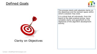 Defined Goals
This process starts with absolute clarity on
the objectives and the domain space within
which a solution may exist.

It is critical that all individuals, from the
board to the data analysis group, have
complete clarity and agreement on the
objectives of the algorithm development
activity.

Contact: info@MediciTechnologies.com

 