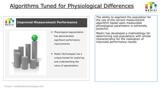 Algorithms Tuned for Physiological Differences
The ability to segment the population for
the use of the correct measurement
algorithm based upon measurable
physiological parameters is extremely
powerful.
Medici has developed a methodology for
determining sub-populations with similar
characteristics for the realization of
improved performance results

Contact: info@MediciTechnologies.com

 