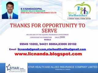 STAR HEALTH AND ALLIED INSURANCE COMPANY LIMITED
PERSONAL & CARING
S.V.NANDAGOPAL
SENIOR SALES MANAGER
STAR HEALTH & ALLIED INSURANCE CO.LTD
THANKS FOR OPPORTUNITY TO
SERVE
WE ARE ONE OF THE LEADING INSURANCE & INVESTMENT
CONSULTANT IN COIMBATORE SINCE 2000
MOBILE
99949 10202, 94431 86864,83000 20102
Email licnanda@gmail.com,starhealthwithu@gmail.com
www.licnanda.blogspot.com
 