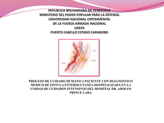 REPUBLICA BOLIVARIANA DE VENEZUELA
MINISTERIO DEL PODER POPULAR PARA LA DEFENSA
UNIVERSIDAD NACIONAL EXPERIMENTAL
DE LA FUERZA ARMADA NACIONAL
UNEFA
PUERTO CABELLO ESTADO CARABOBO
PROCESO DE CUIDADO HUMANO A PACIENTE CON DIAGNOSTICO
MEDICO DE FISTULA ENTEROCUTANEA HOSPITALIZADA EN LA
UNIDAD DE CUIDADOS INTENSIVOS DEL HOSPITAL DR. ADOLFO
PRINCE LARA
 