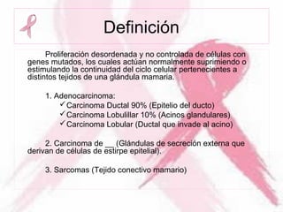 Definición
Proliferación desordenada y no controlada de células con
genes mutados, los cuales actúan normalmente suprimiendo o
estimulando la continuidad del ciclo celular pertenecientes a
distintos tejidos de una glándula mamaria.
1. Adenocarcinoma:
Carcinoma Ductal 90% (Epitelio del ducto)
Carcinoma Lobulillar 10% (Acinos glandulares)
Carcinoma Lobular (Ductal que invade al acino)
2. Carcinoma de __ (Glándulas de secreción externa que
derivan de células de estirpe epitelial).
3. Sarcomas (Tejido conectivo mamario)
 